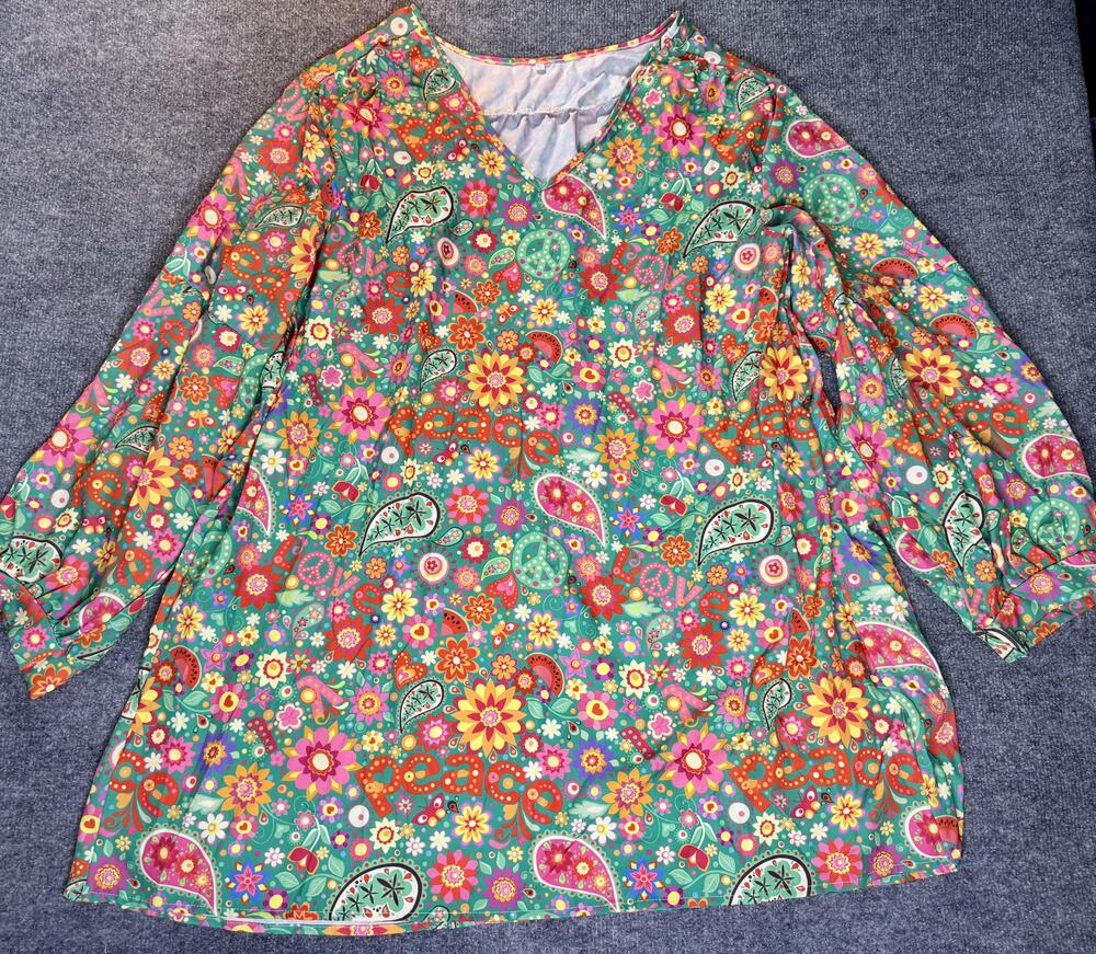 Paisley Hippie Shirt Womens 5XL Multicolor V Neck 3/4 Sleeve Tunic Boho Top